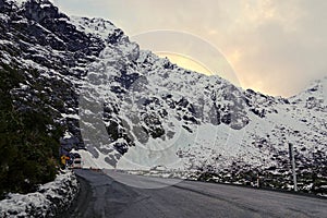 Mountains and tunnel on road to Milford Sound, New Zealand