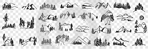 Mountains valley landscapes doodle set