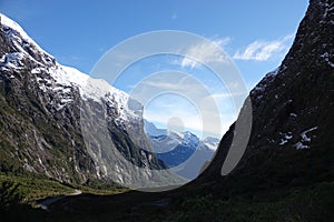 Mountains at valley to Milford Sound, New Zealand
