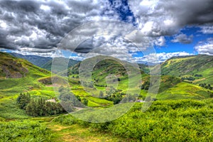 Mountains and valleys in English countryside scene the Lake District Martindale Valley HDR like painting