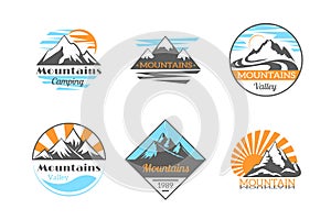 Mountains vector logo set. Mountain rock outdoor camping labels