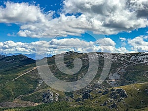 Mountains view in a cloudy day in Pena de Francia, Salamanca with blue sky and clouds