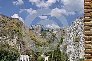 The mountains view from Ruins of the Greek Roman Theater, Taormina, Sicily, Italy