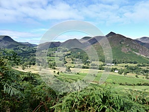 Mountains viewed across fields