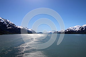 Mountains in wake of cruise ship in Alaska