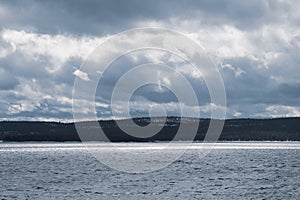 Mountains and water. landscape with lake and hills