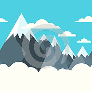 Mountains in white clouds, vector seamless horizontal background. Blue sky with clouds.