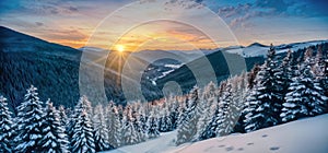 mountains winter landscape, snowy pine trees at sunset , vista with cloudy sky