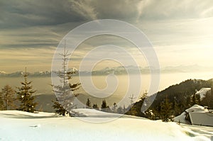 Mountains, winter landscape, Sunset background