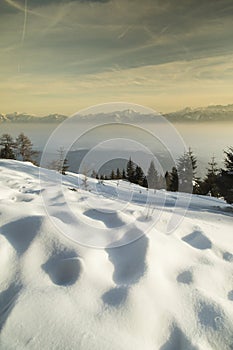 Mountains, winter landscape, Sunset background