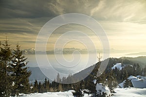 Mountains, winter landscape, Sunset background