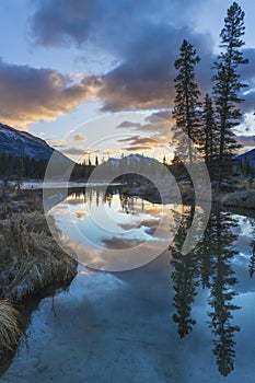 Mountains and winter pines reflected in beautiful turquoise glacial creek at sunrise.