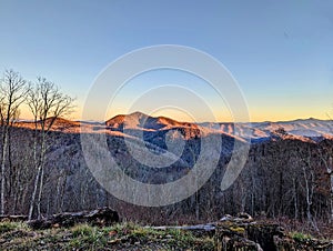 Mountains in winter right before dusk.