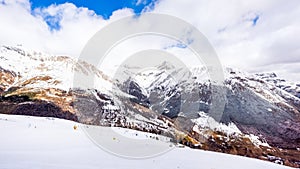 Mountains in winter, slopes and pistes, Livigno village, Italy, Alps