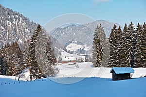 Mountainside living in deep snow winter scenery