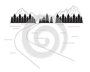 Mountainside ski trail black and white cartoon flat illustration