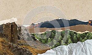 Mountainted landscape with ancient fortress, scrapbooking art