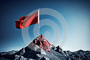 mountaintop with red flag against blue sky