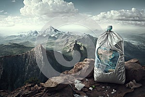 mountaintop, with view of the world below, and a plastic bottle trashbag in the foreground