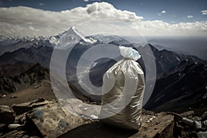 mountaintop, with view of the world below, and a plastic bottle trashbag in the foreground