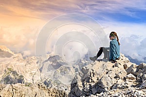 Mountaneer Woman Enjoying Height Panorama