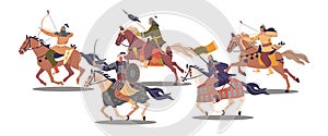 Mounted Asian Warriors, Dynamic vector Scene of Ancient Mongol Warriors Group On Horseback In Battle-ready Poses