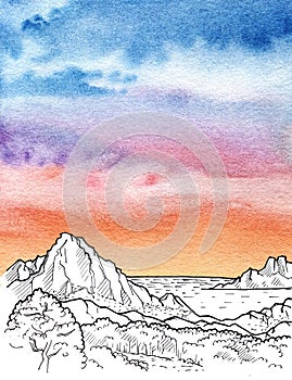 Mountin skyline panorama watercolor paint with colorful clouds