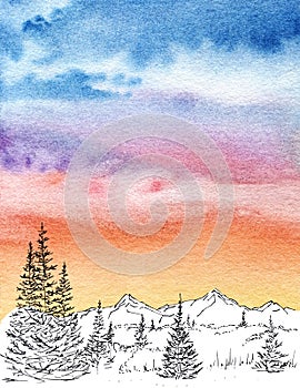 Mountin skyline panorama watercolor paint with colorful clouds