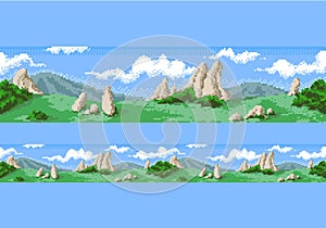 Mountine pixel landscape. Seamless scene with nature and mountines.