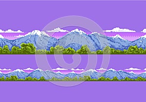 Mountine pixel landscape. Seamless scene with nature and mountines.