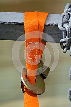 Mounting construction safety belt hook attached to the noose close up