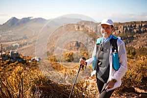 Mountings, hiking and portrait with old woman in nature for wellness, fitness and retirement. Happy, freedom and travel