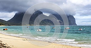 Mounts Lidgbird and Gower from Lagoon Beach, Lord Howe Island, Australia