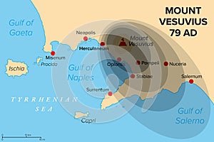 Eruption of Mount Vesuvius in 79 AD, stratovolcano in Italy, history map photo
