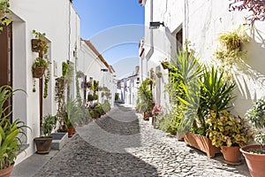 A street in Moura city with typical white houses, District of Beja, Portugal photo