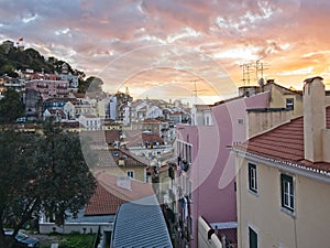 Mouraria neighborhood in Lisbon, Portugal at sunset photo