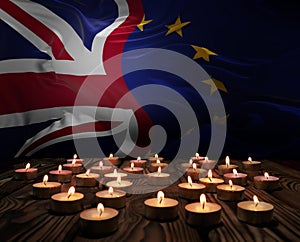 Mourning candles burning on European Union And Union Jack flags background. Memorial weekend, patriot veterans day, Day of Service