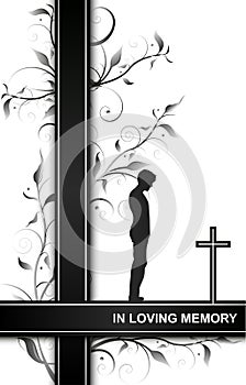 Mourning card in loving memory with a man on a cross and floral elements isolated on white background