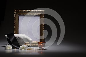 Mourning dove with blank gold frame for sympathy card photo