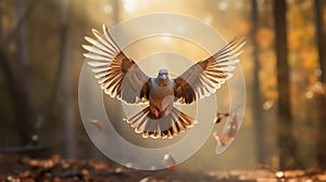 Mourning Dove Flying In Forest: Vray Wildlife Art With Humorous Animal Scenes