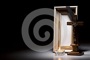 Mourning frame with candle and crucifix