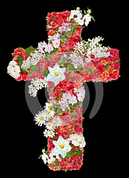 Mourning Jesus red cross with white flowers isolated black