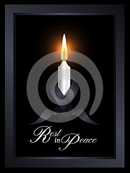 Mourning symbol with black ribbon around white candle light in frame on black background vector design