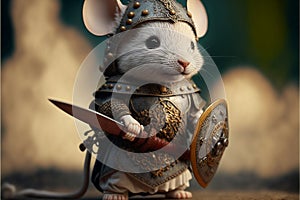 Mouse animal portrait dressed as a warrior fighter or combatant soldier concept. Ai generated