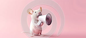 Mouse announcing using hand speaker. Notifying, warning, announcement photo