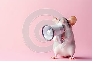 Mouse announcing using hand speaker. Notifying, warning, announcement photo