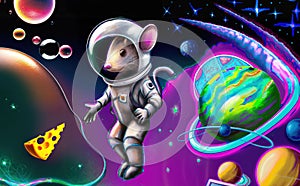 Mouse astronaut floating in space and chasing block of swiss cheese with visible planets in the background
