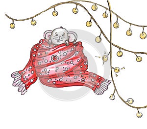 Mouse in a big scurf and christmas lights garland photo