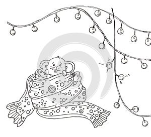 Mouse in a big scurf and christmas lights garland photo