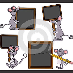 Mouse with blank wooden blackboard set digital elements